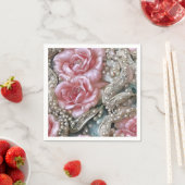 ヴィンテージ真珠とピンクのバラのパターン スタンダードカクテルナプキン (インサイチュ)