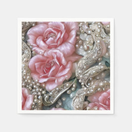 ヴィンテージ真珠とピンクのバラのパターン スタンダードカクテルナプキン