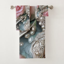 ヴィンテージ真珠とピンクのバラのパターン バスタオルセット