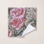 ヴィンテージ真珠とピンクのバラのパターン バスタオルセット (ウォッシュタオル)