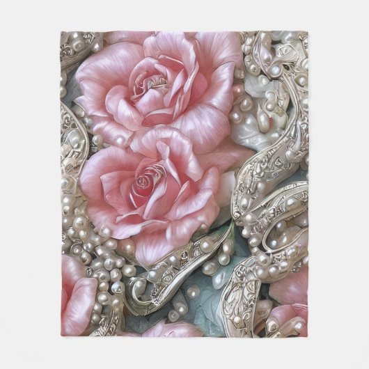 ヴィンテージ真珠とピンクのバラのパターン フリースブランケット (正面)
