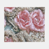 ヴィンテージ真珠とピンクのバラのパターン フリースブランケット (正面(横))