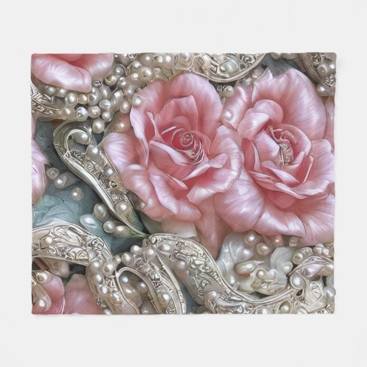 ヴィンテージ真珠とピンクのバラのパターン フリースブランケット (正面(横))