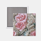 ヴィンテージ真珠とピンクのバラのパターン マグネット (正面/裏面)