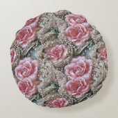 ヴィンテージ真珠とピンクのバラのパターン ラウンドクッション (裏面)