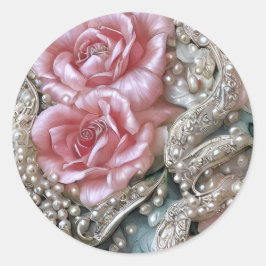 ヴィンテージ真珠とピンクのバラのパターン ラウンドシール