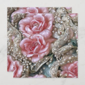 ヴィンテージ真珠とピンクのバラのパターン 招待状 (正面/裏面)