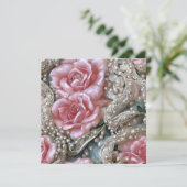 ヴィンテージ真珠とピンクのバラのパターン 招待状 (スタンド正面)