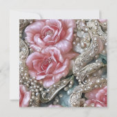 ヴィンテージ真珠とピンクのバラのパターン 招待状 (裏面)