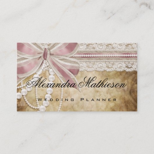 ヴィンテージ真珠とピンクリボンウェディングプランナー 名刺 (正面)