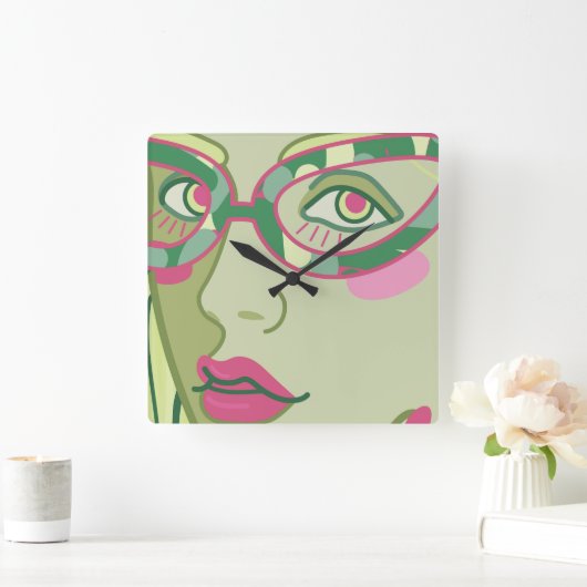 ヴィンテージ眼鏡の女性の顔。 スクエア壁時計 (ホーム)