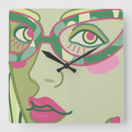 ヴィンテージ眼鏡の女性の顔。 スクエア壁時計 (正面)