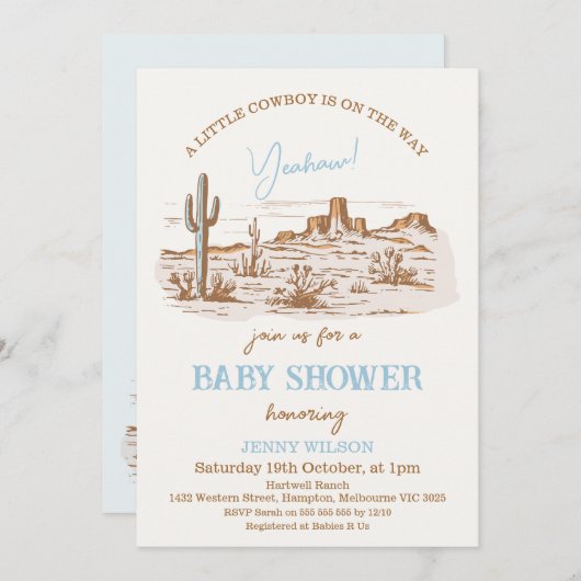 ヴィンテージ砂漠西部の小さなカウボーイ赤ちゃんシャワー 招待状 (正面/裏面)