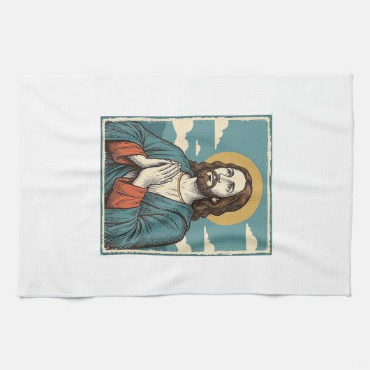 ヴィンテージ祈る救世主宗教Tシャツデザイン1 キッチンタオル (横)