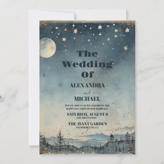 ヴィンテージ神秘的なブルーサンムーン結婚ズ 招待状 (正面)