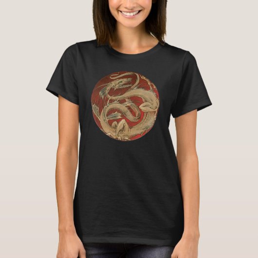 ヴィンテージ神話、アンティークゴールドのアジアンドラゴン Tシャツ (正面)
