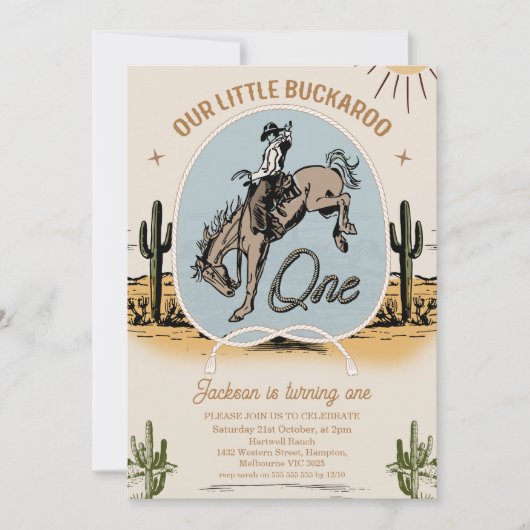 ヴィンテージ私たちの小さなバッカルーウェスタンの1歳の誕生日 招待状 (正面)