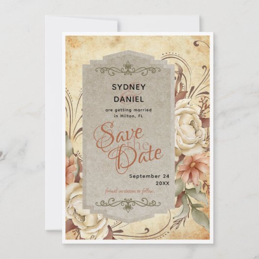 ヴィンテージ秋のバラウェディング日付カードを保存 招待状 (正面)