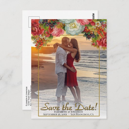 ヴィンテージ秋のフローラ結婚式の日付写真を保存 ポストカード (正面/裏面)