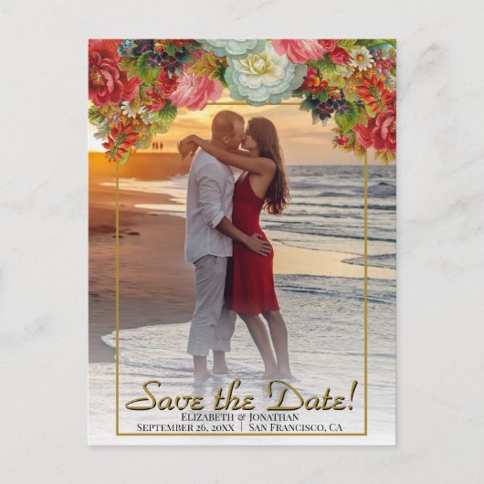 ヴィンテージ秋のフローラ結婚式の日付写真を保存 ポストカード (正面)