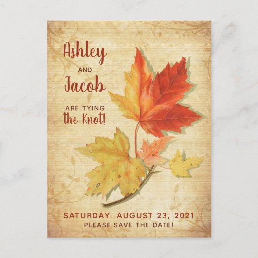ヴィンテージ秋のメープル葉ズウェディングの日付を保存 ポストカード (正面)
