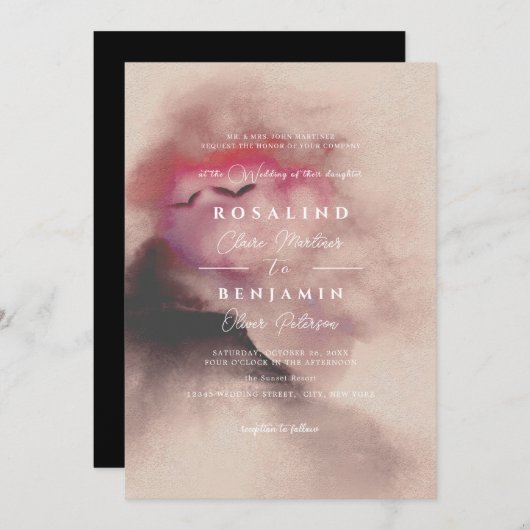 ヴィンテージ秋の山の風景スクリプト結婚ズ 招待状 (正面/裏面)