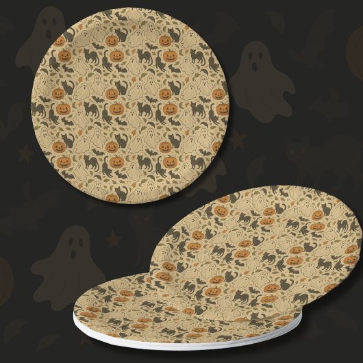 ヴィンテージ秋の幽霊&黒猫ハロウィン ペーパープレート