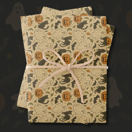 ヴィンテージ秋の幽霊&黒猫ハロウィン ラッピングペーパーシート