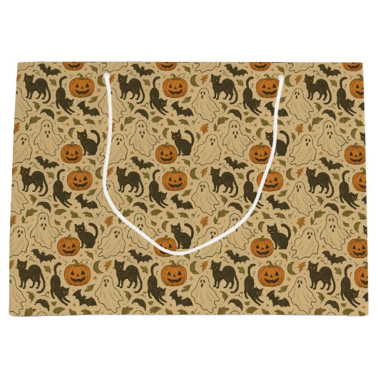 ヴィンテージ秋の幽霊&黒猫ハロウィン ラージペーパーバッグ (正面)