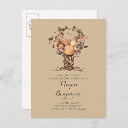 ヴィンテージ秋の木の収穫は日付を保存 案内ポストカード (正面/裏面)