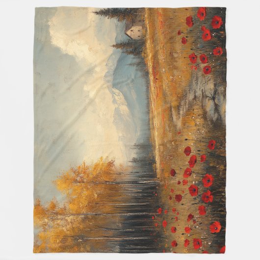 ヴィンテージ秋の牧草地絵を描のケシ フリースブランケット (正面)