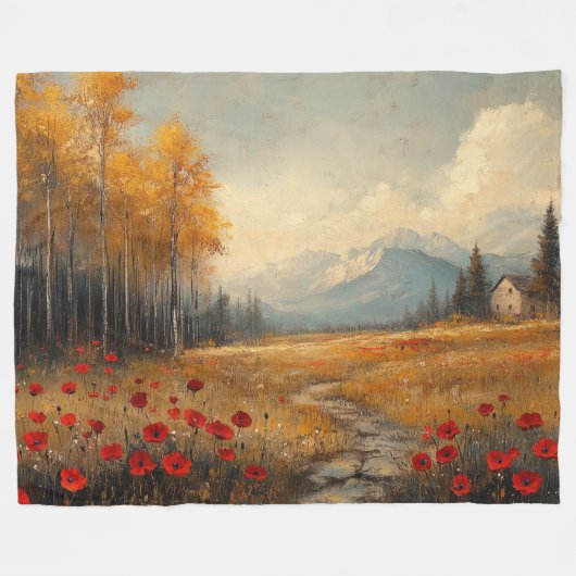 ヴィンテージ秋の牧草地絵を描のケシ フリースブランケット (正面(横))