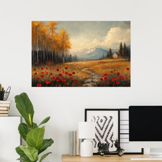 ヴィンテージ秋の牧草地絵を描のケシ ポスター (ホームオフィス)