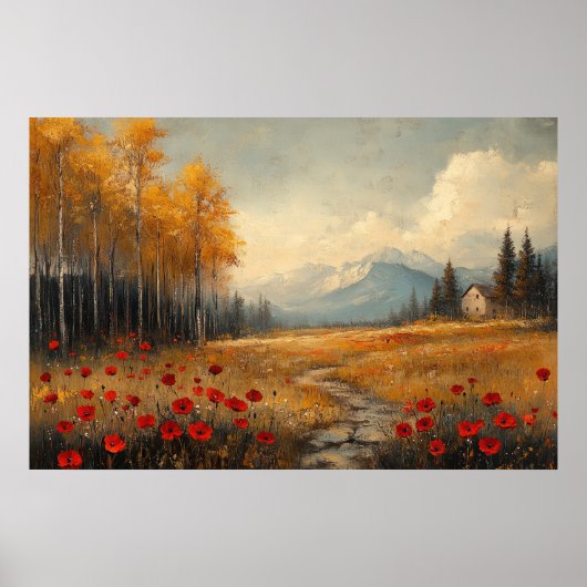 ヴィンテージ秋の牧草地絵を描のケシ ポスター (正面)