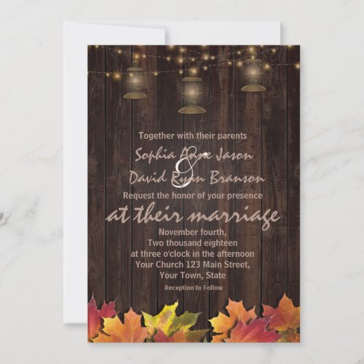 ヴィンテージ秋の落ち葉 オールドランタン 木製 ウェディング 招待状 (正面)