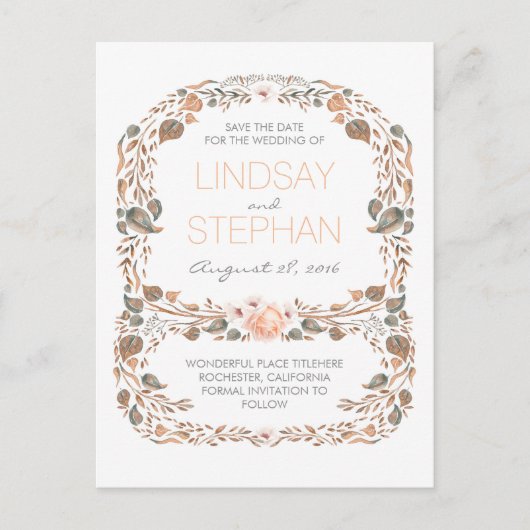 ヴィンテージ秋ウッドランド素朴ガーデン日付を保存 案内ポストカード (正面)