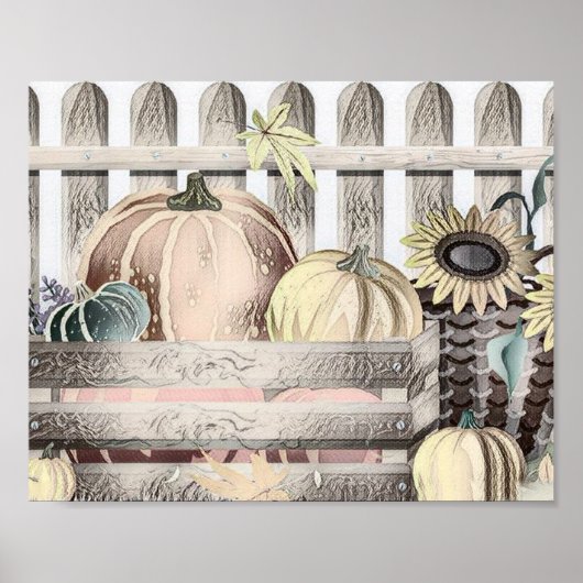 ヴィンテージ秋カボチャ紅葉スケッチ ポスター (正面)