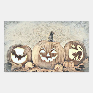 ヴィンテージ秋カボチャ紅葉水カラースクア 長方形シール