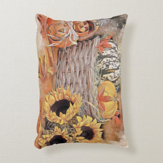 ヴィンテージ秋カボチャ紅葉水彩 アクセントクッション (正面(垂直))