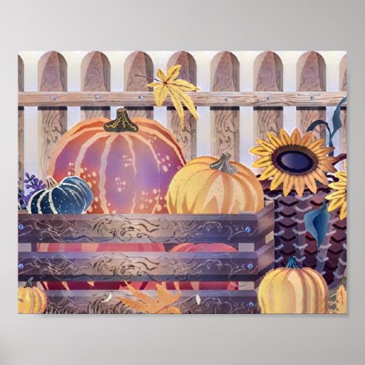 ヴィンテージ秋カボチャ紅葉水彩 ポスター (正面)