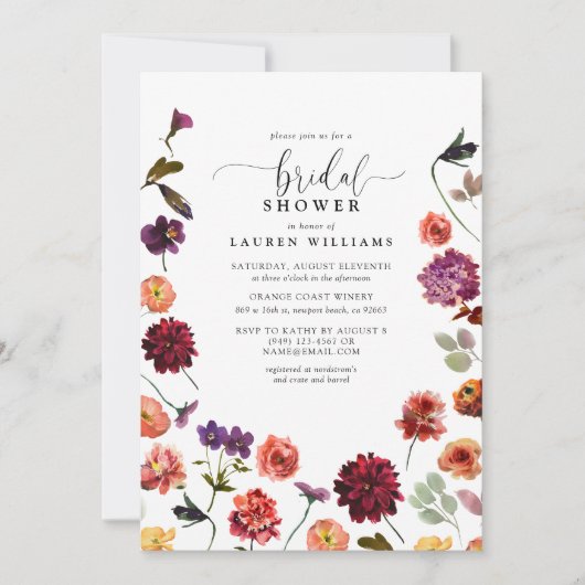 ヴィンテージ秋ガーデンフラワースクリプトブライダルシャワー 招待状 (正面)
