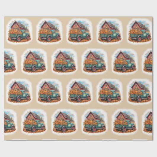 ヴィンテージ秋トラックと納屋、レトロ秋の日、 ラッピングペーパー (フラット)