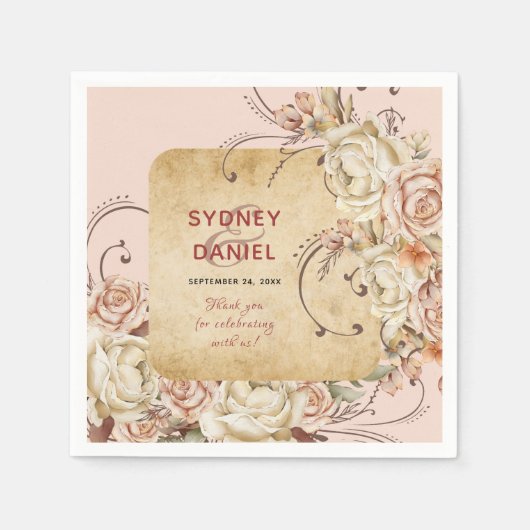 ヴィンテージ秋バラ結婚ズペーパーナプキン スタンダードカクテルナプキン (正面)