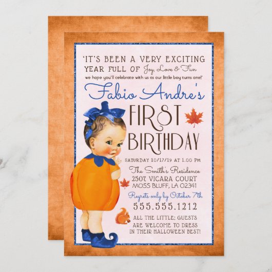 ヴィンテージ秋ファーストパンプキン誕生日ボーイ 招待状 (正面/裏面)