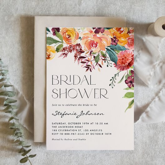ヴィンテージ秋フローラブーケブライダルシャワー 招待状