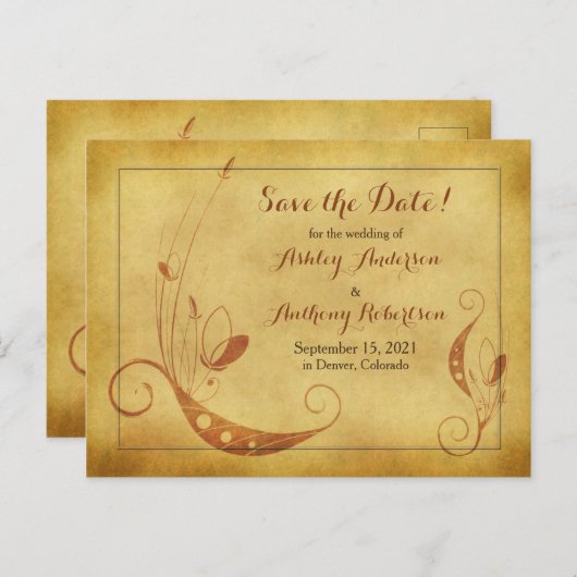 ヴィンテージ秋フローラ結婚式日付はがきを保存 案内ポストカード (正面/裏面)