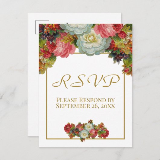 ヴィンテージ秋フローラ金ゴールド結婚式RSVP ポストカード (正面/裏面)