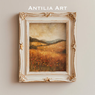 ヴィンテージ秋ワイルドフラワーカントリーフィールド風景 ポスター