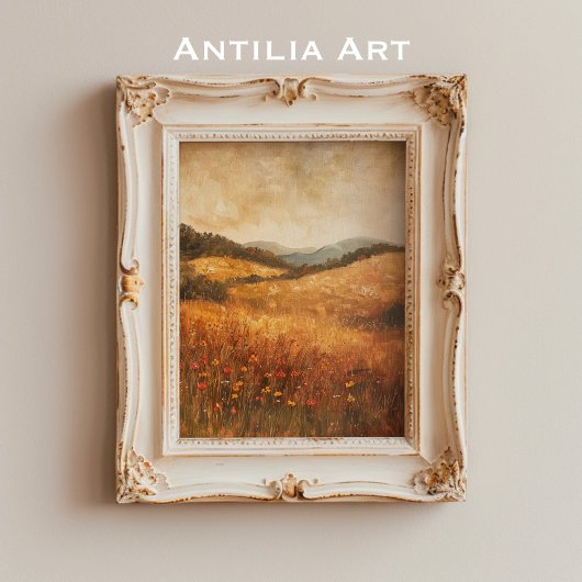 ヴィンテージ秋ワイルドフラワーカントリーフィールド風景 ポスター