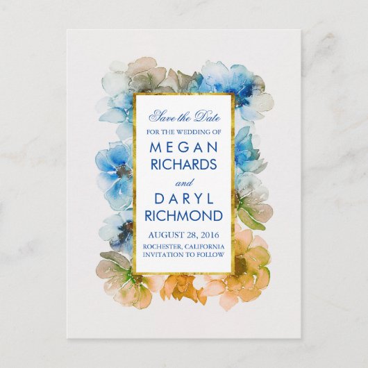 ヴィンテージ秋保存日付 – 金ゴールドとネイビーフローラ 案内ポストカード (正面)